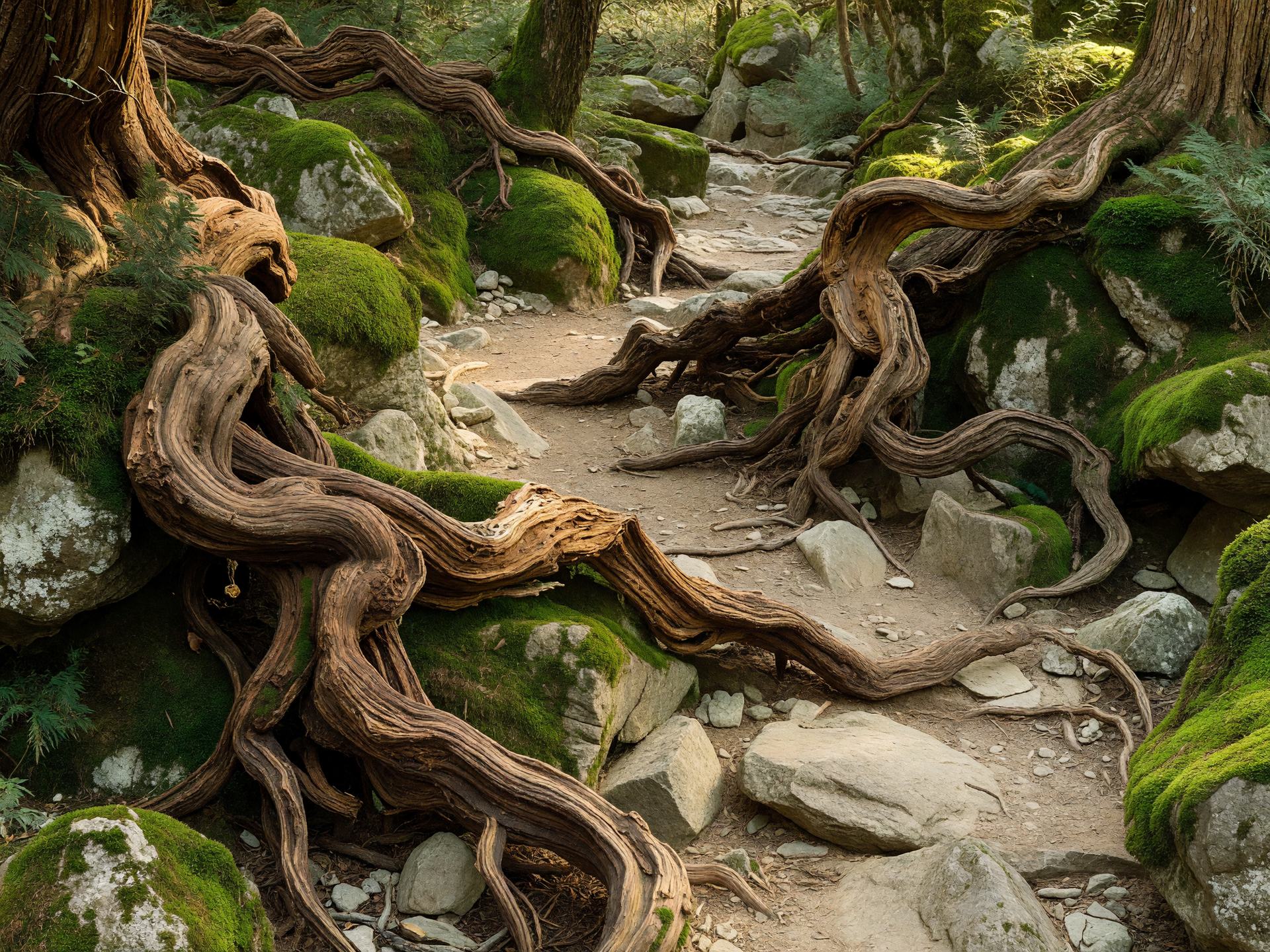 地表に浮き出た古い杉の根 — ancient cedar roots along the trail