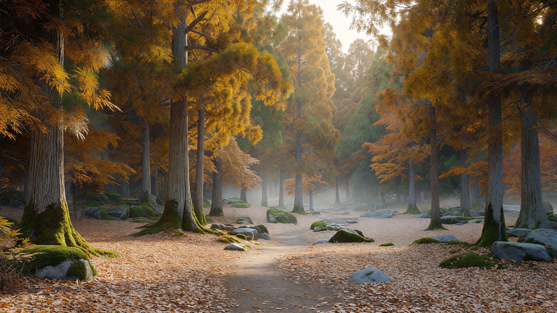 黄金色に輝く秋の杉の森 — autumn cedar foliage golden light