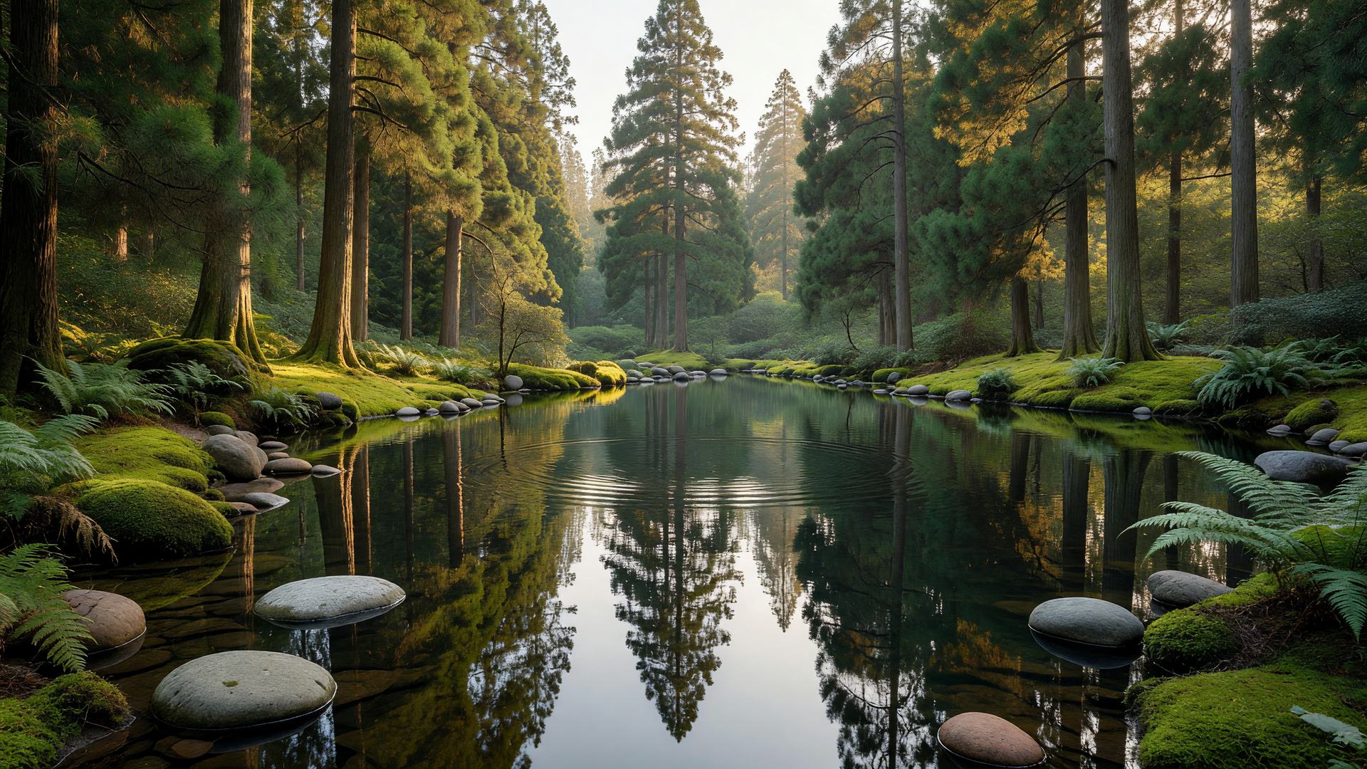 池に映る杉の森 — cedar forest pond reflection