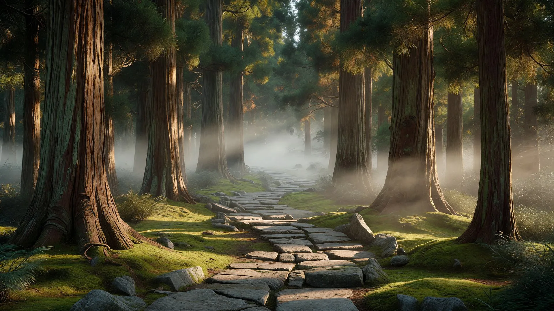 霧に包まれた杉の森の小径と朝の光 — misty cedar grove trail at dawn