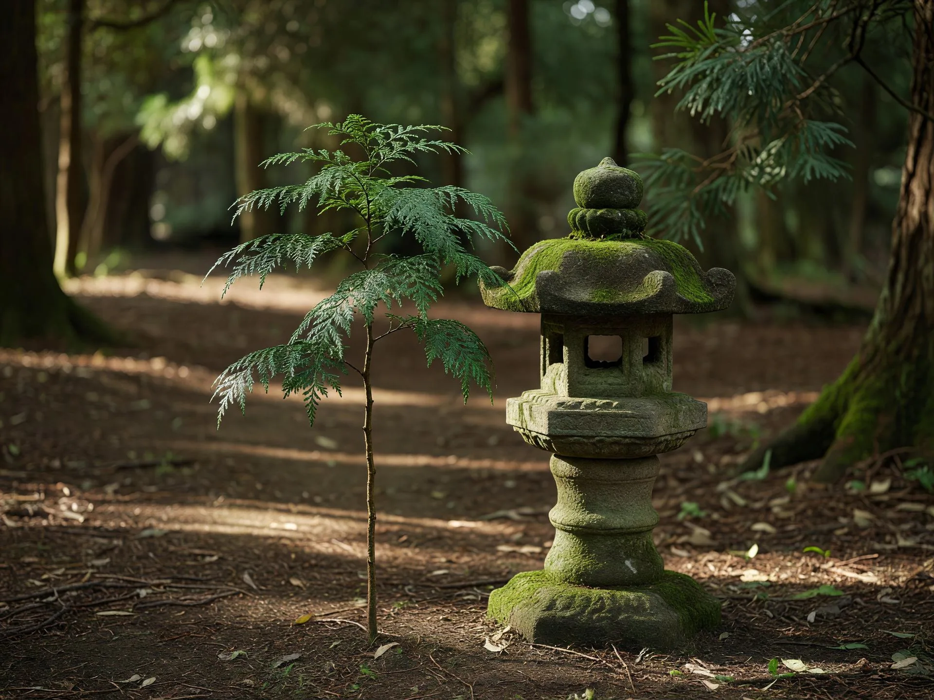 石灯籠と若い杉の苗木 — cedar sapling beside a stone lantern