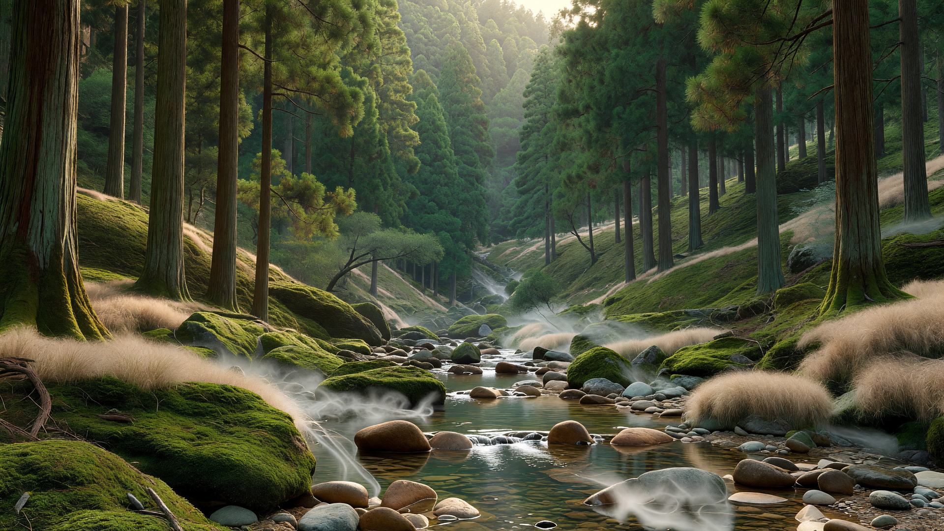谷を流れる清流 — cedar woodland valley stream