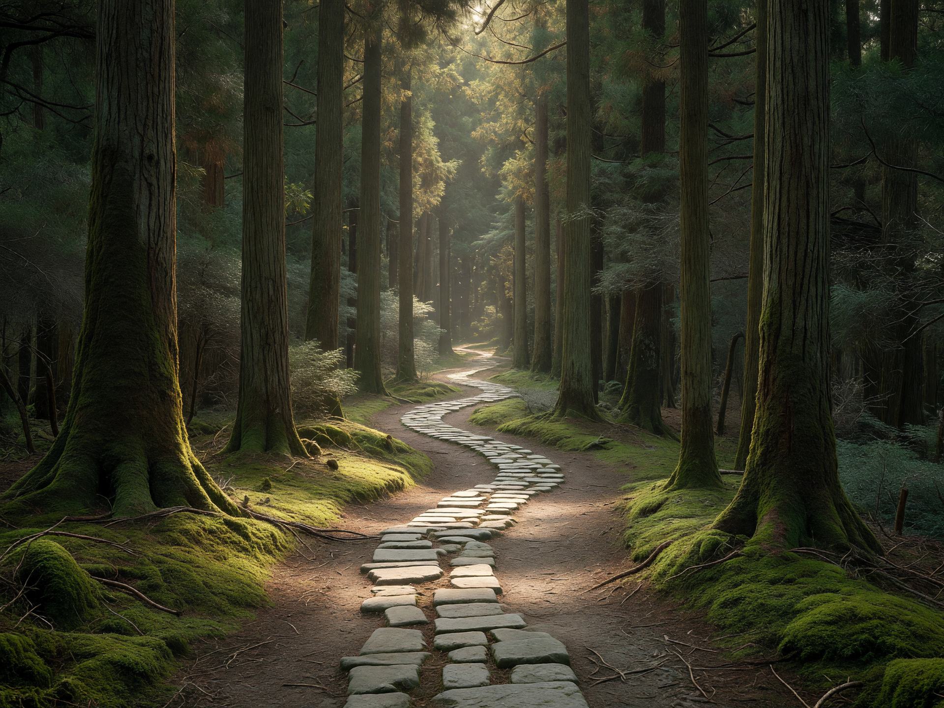 深い杉並木の小道 — deep cedar forest path