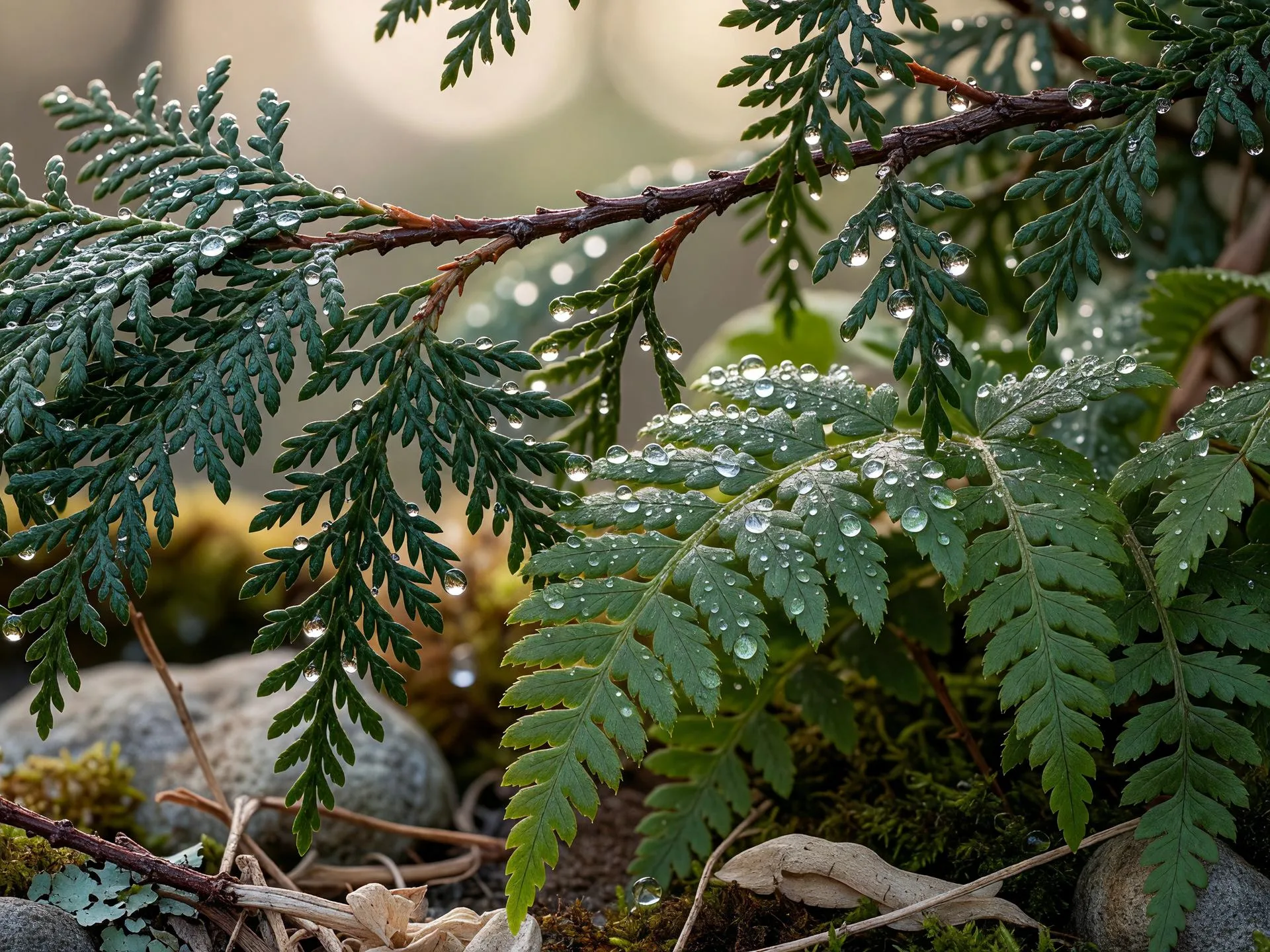 シダの葉に光る朝露 — dew drops on cedar fern leaves
