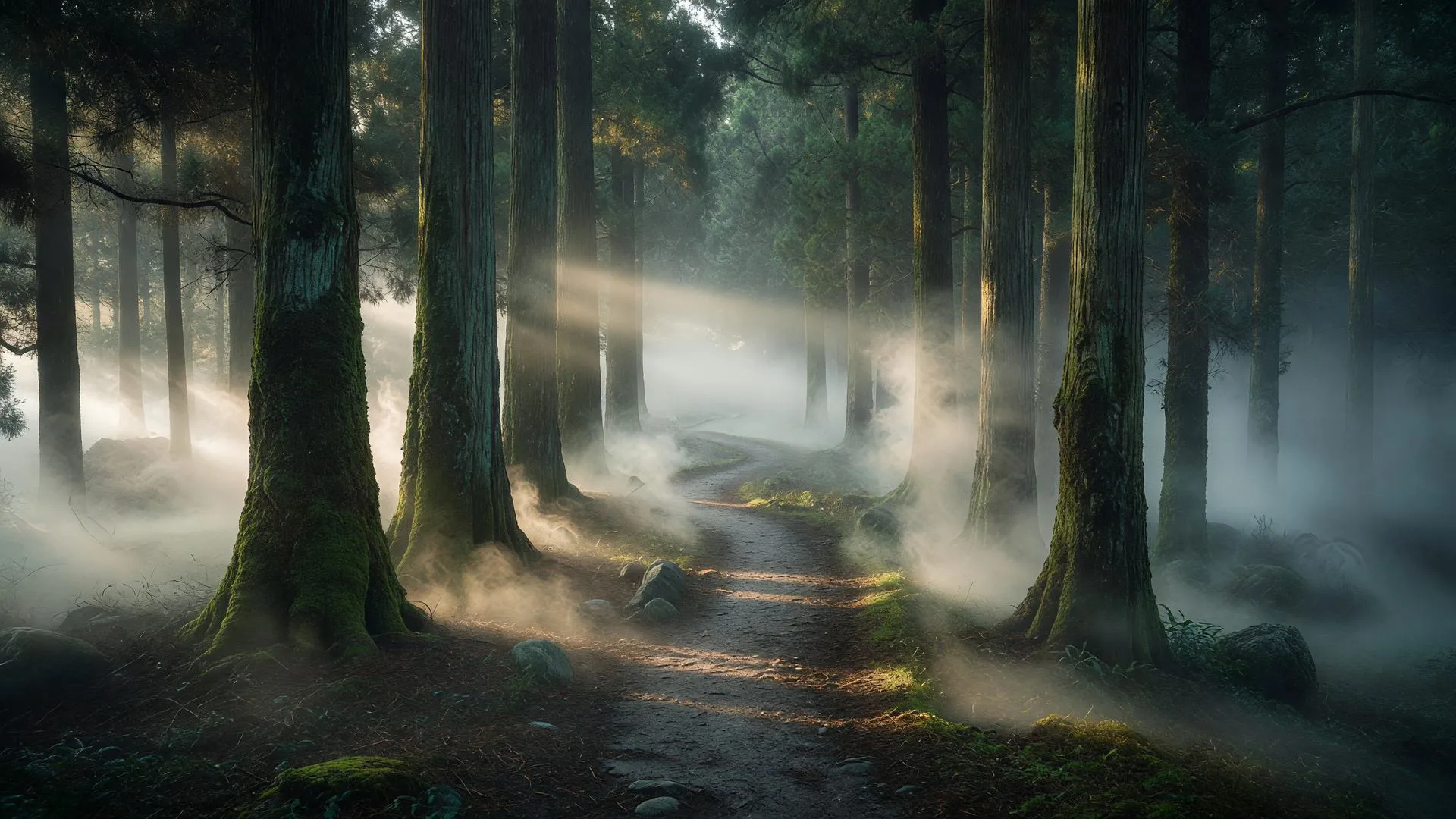 霧の中に浮かぶ杉の影 — foggy cedar trail silhouettes
