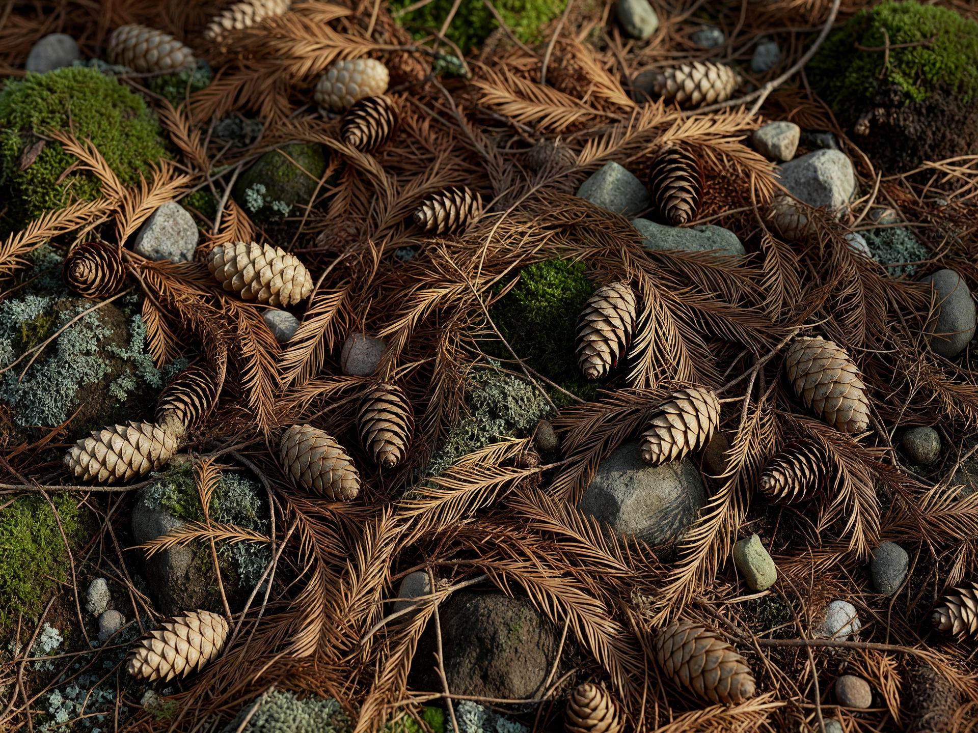 杉の葉と球果が敷き詰められた森の地面 — forest floor of cedar needles and cones