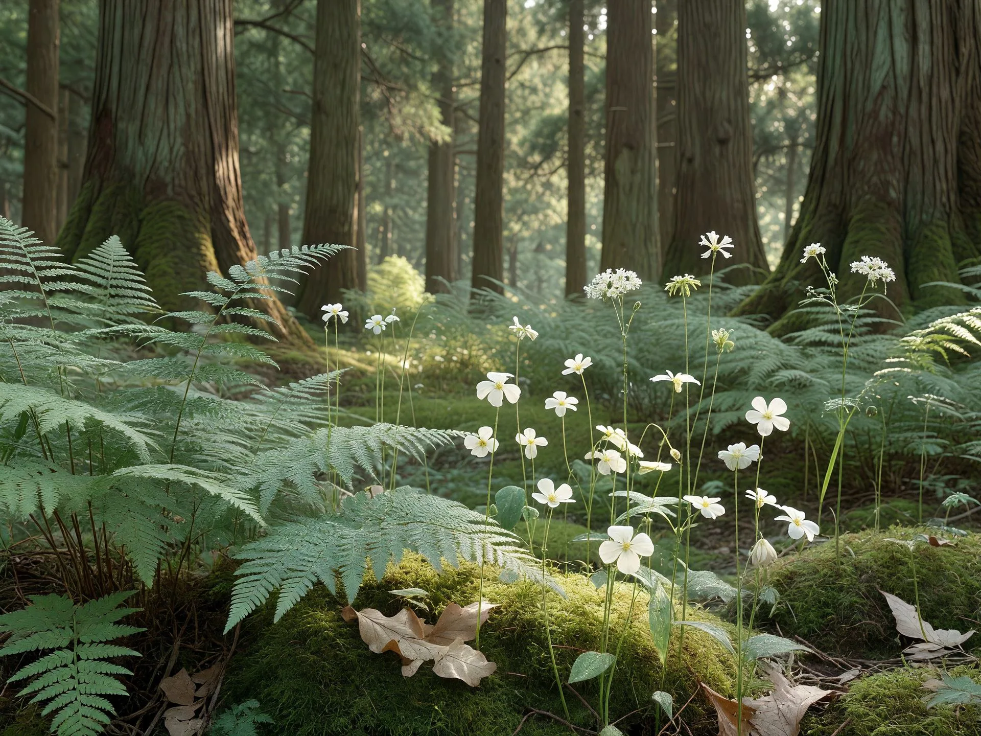 野花とシダの下草 — forest undergrowth of wildflowers and ferns