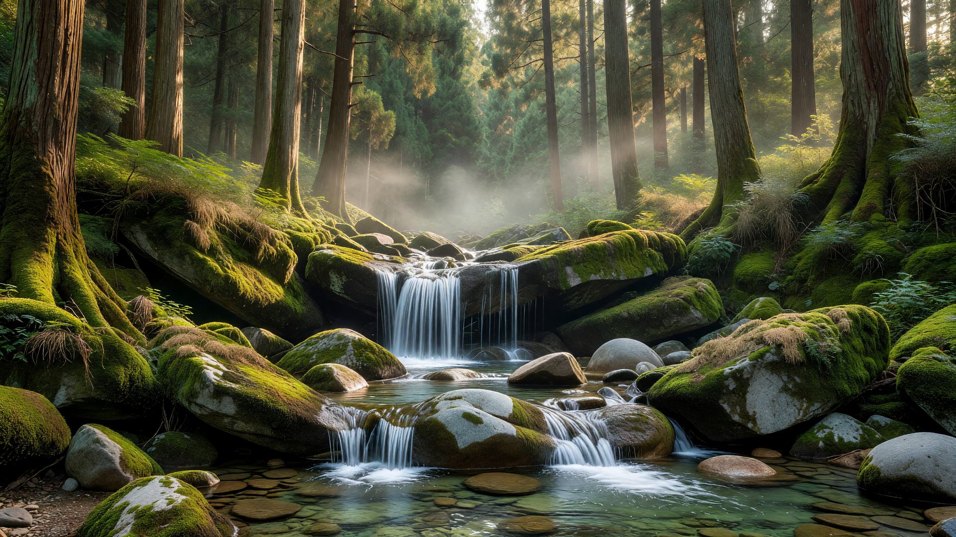苔むした岩を流れる森の滝 — forest waterfall over mossy rocks