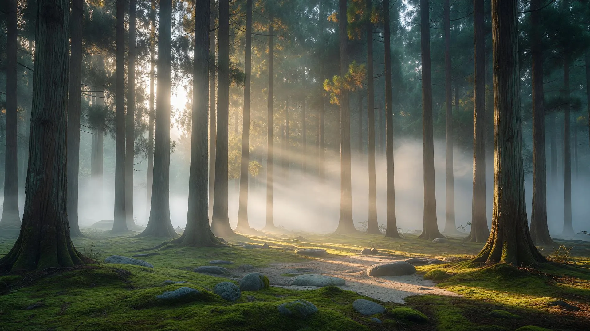 朝霧と陽光が差し込む杉の森 — morning mist and sunlight in cedar forest