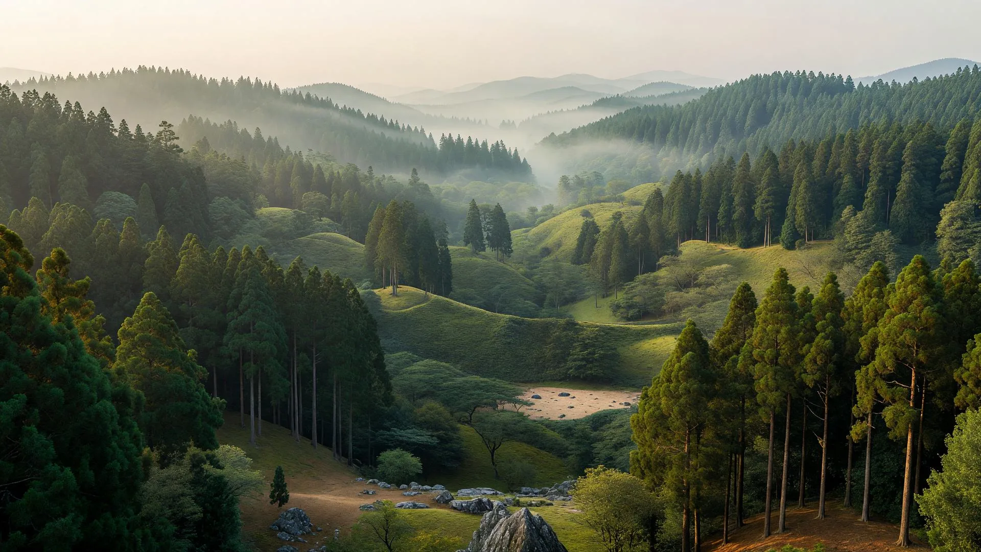 杉の森の丘陵パノラマ — panoramic cedar forest hills