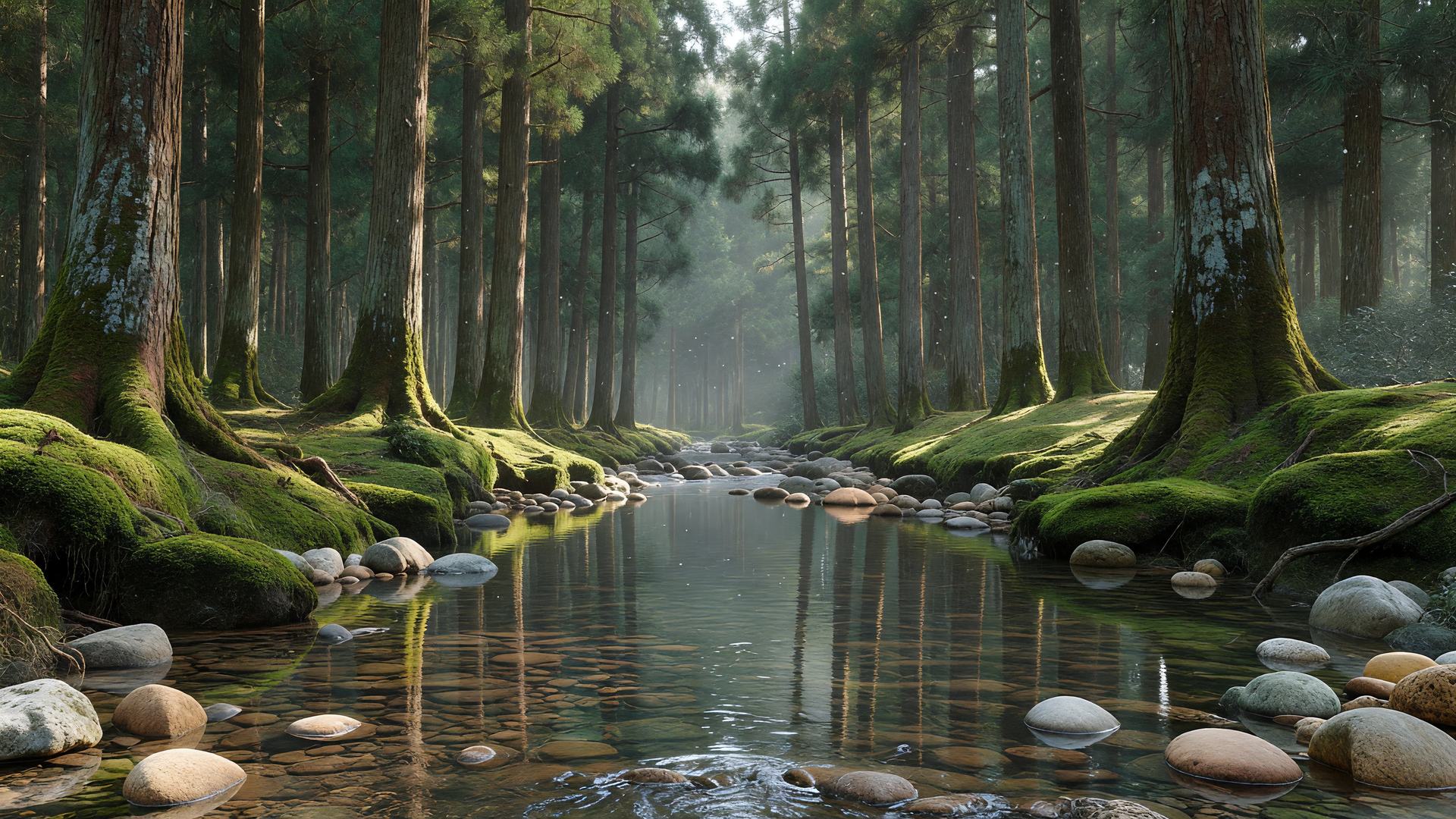 静かに流れる杉の森の小川 — peaceful stream in cedar grove