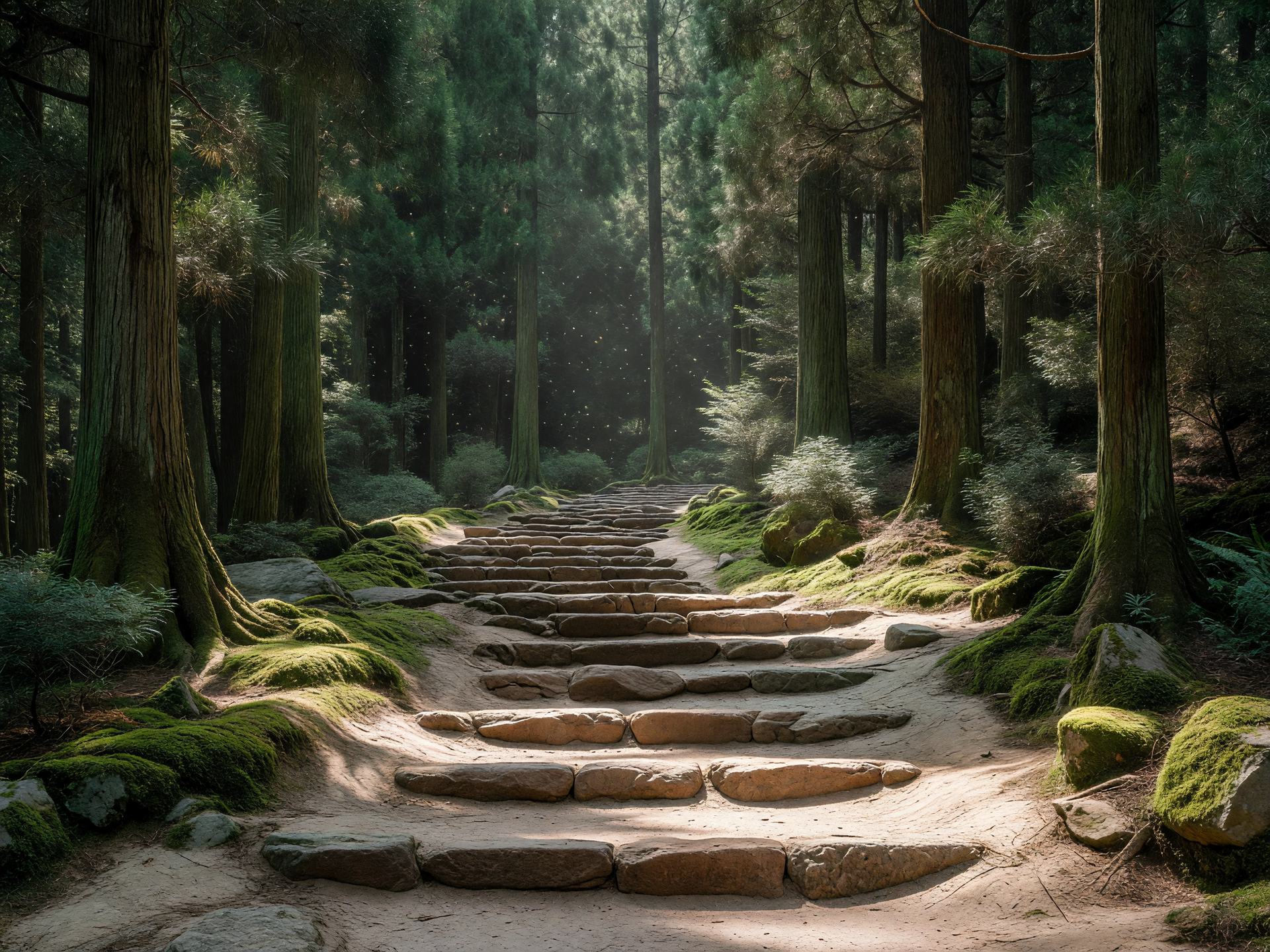 石段の森の小道 — stone steps cedar forest trail