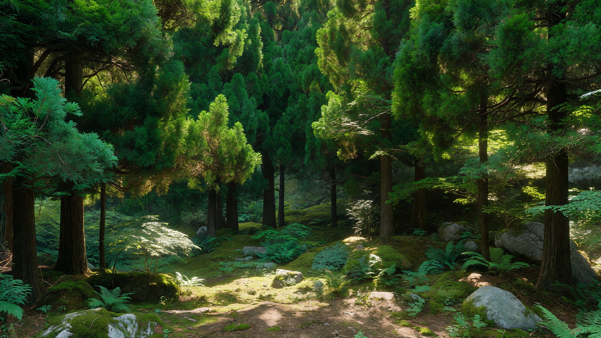 夏の生い茂る杉の森 — summer lush cedar grove
