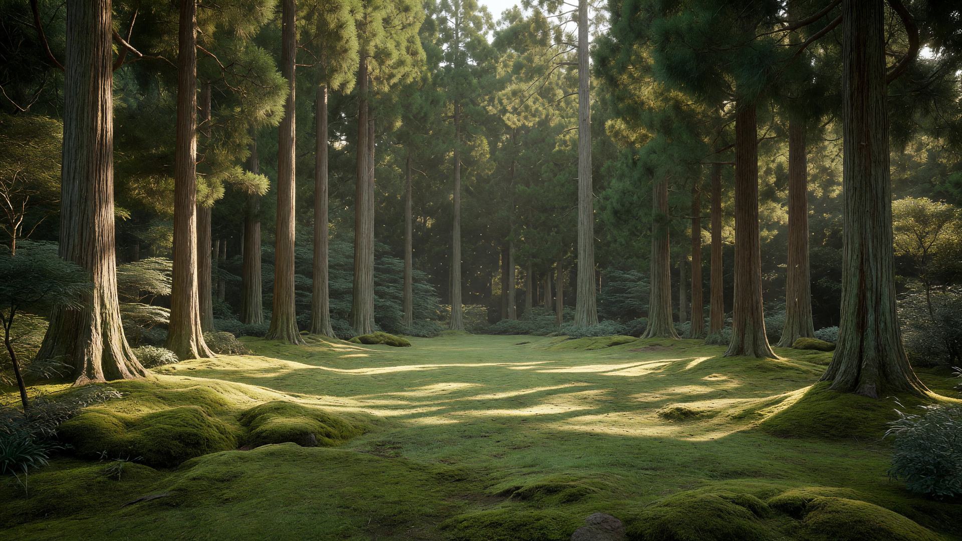 陽光差し込む杉の森の空き地 — sunlit cedar grove clearing