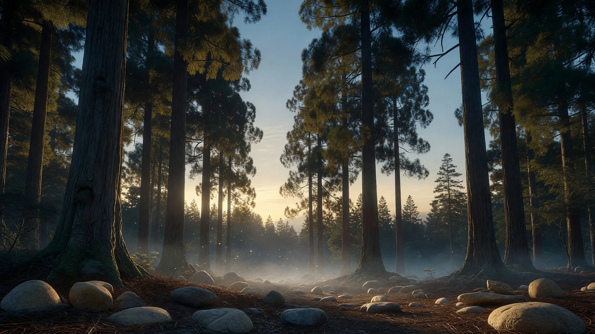 黄昏時の杉の森 — twilight cedar forest in golden light