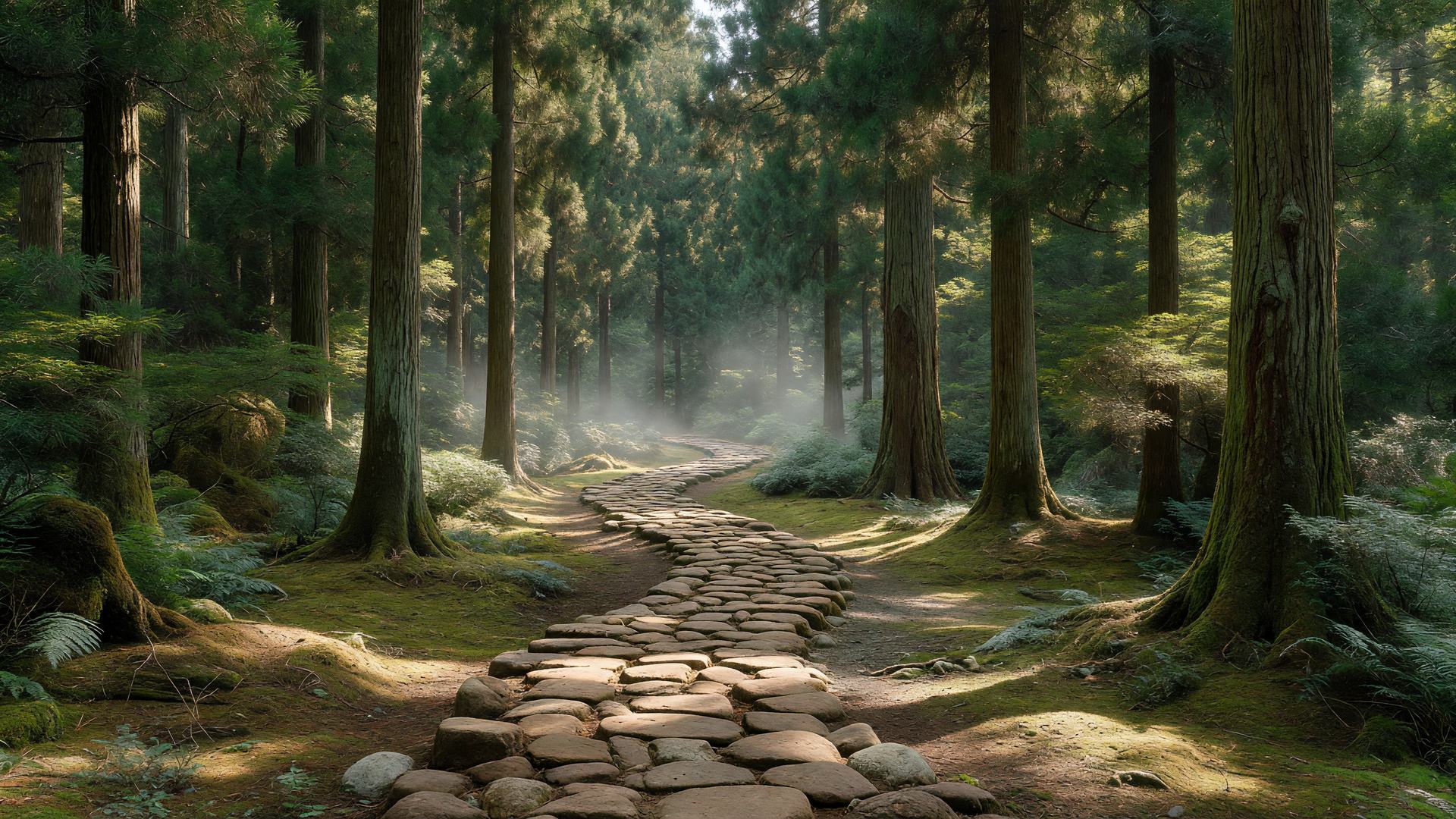 石畳の曲がりくねった森の小道 — winding stone woodland trail