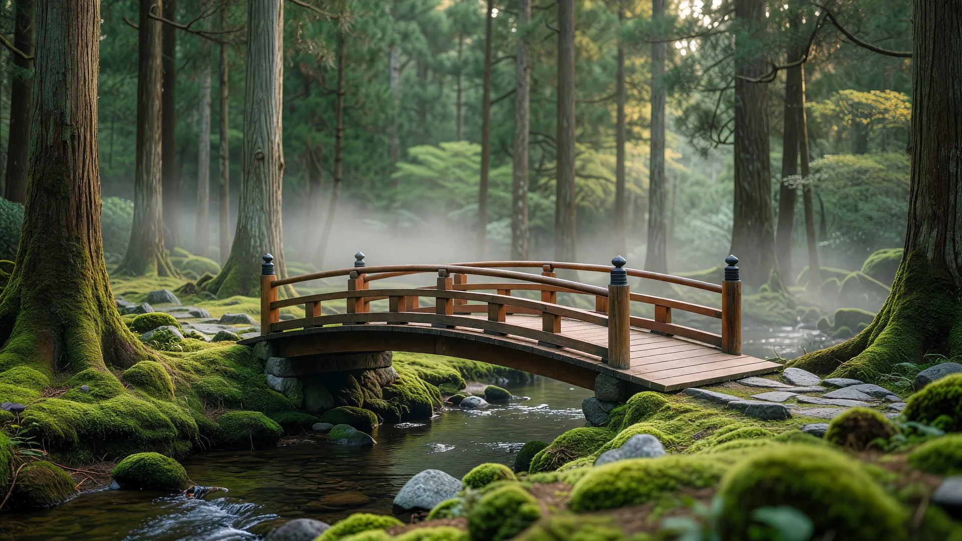 杉の渓流にかかる木の橋 — wooden footbridge over cedar stream